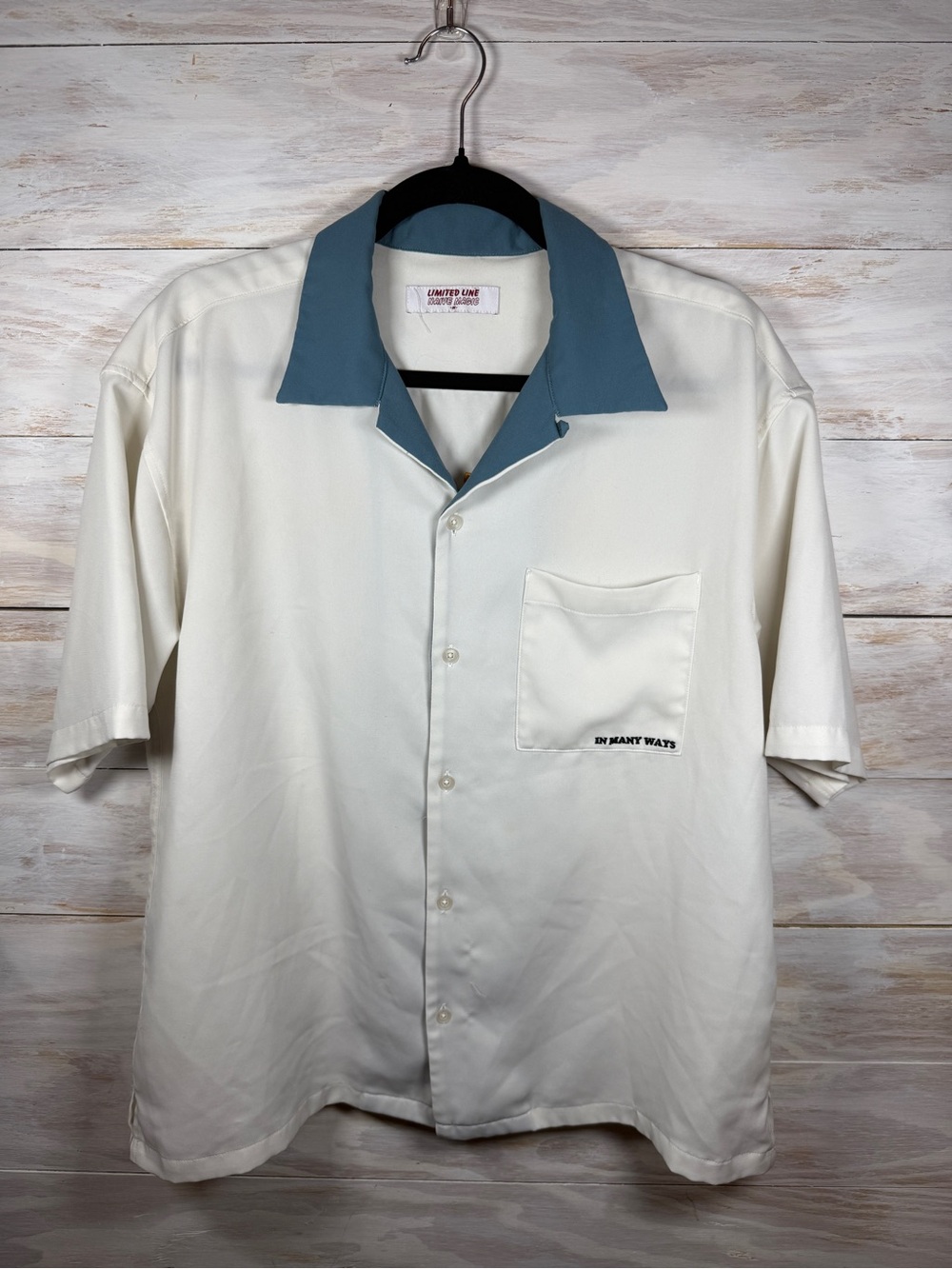 Naive Magic Limited Line Mens Medium Off White Blue Camp Collar Graphic Bowling